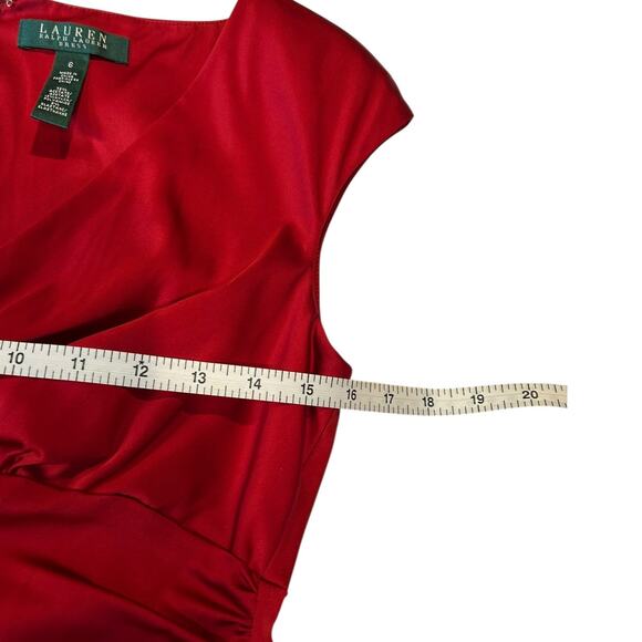 LAUREN RALPH LAUREN RUBY RED Satin Surplice Cocktail Party Sheath Dress Size 6 - Picture 5 of 11